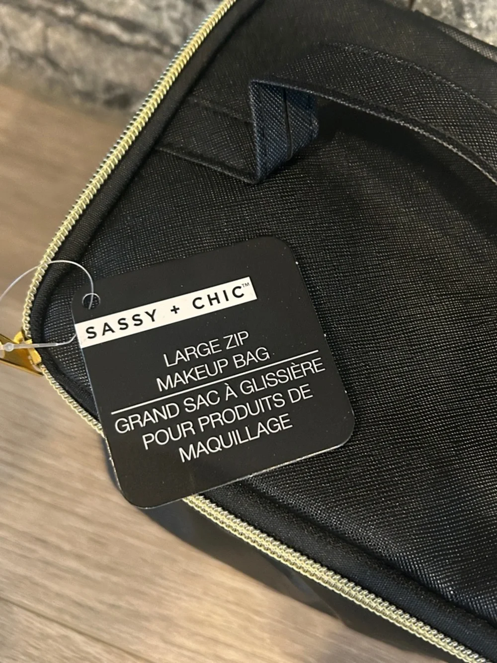 NWT Sassy + Chic Large Black Cosmetic Zip‎ Bag with Gold Trim